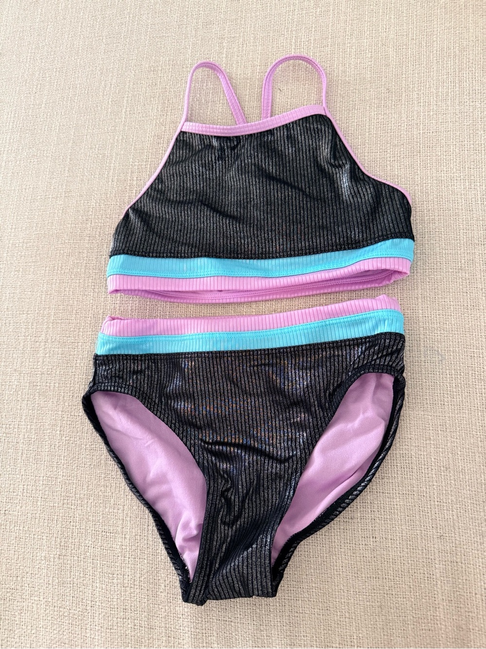 Thereabouts Girls 7/8 Metallic Ribbed 2 Piece Swimsuit Black Pink Blue NWT